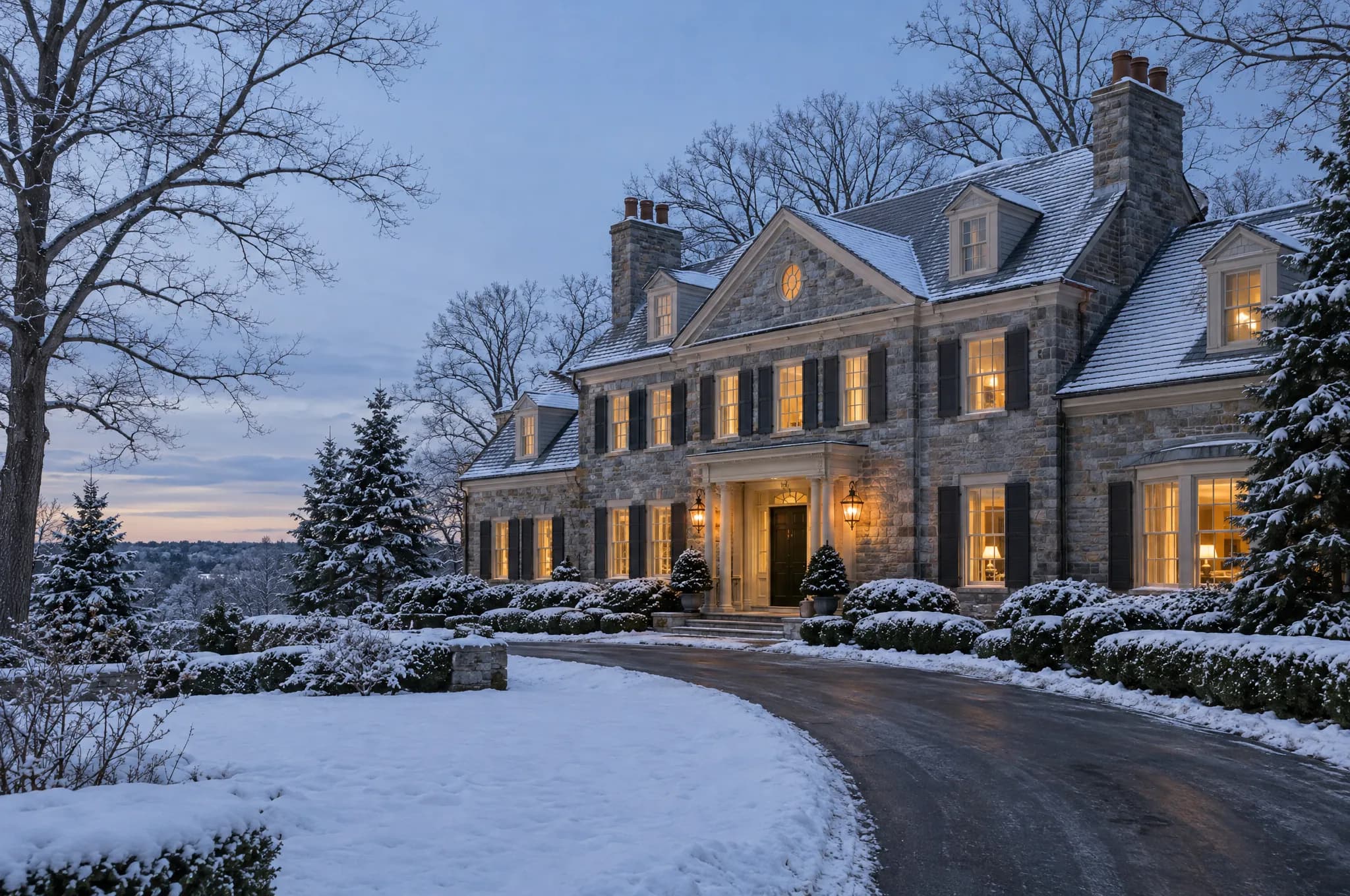 A stone Georgian estate at blue hour, snow on the lawn, the drive freshly cleared and every window lit.