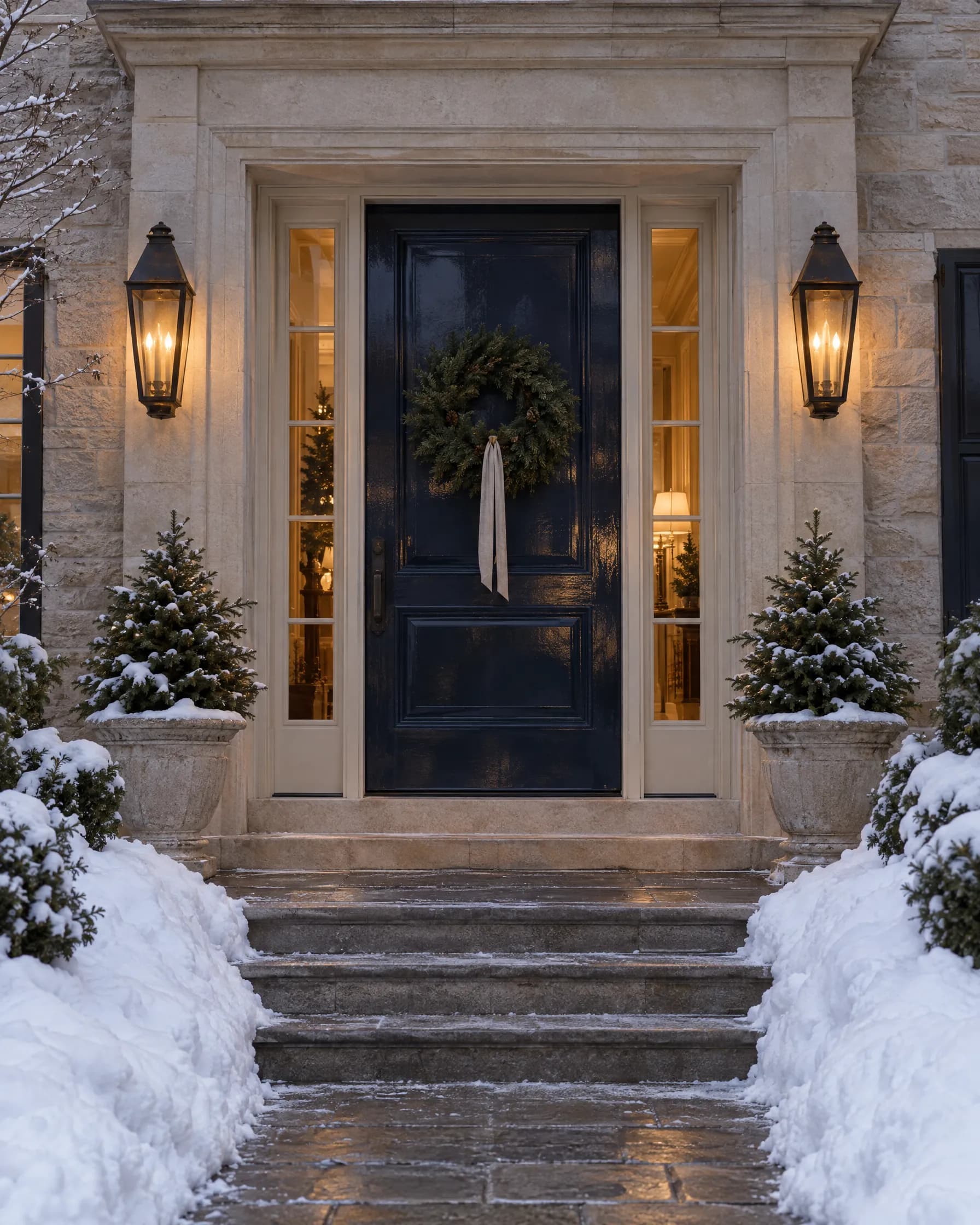 A navy front door with a simple wreath, lanterns lit and the stone steps freshly shoveled.