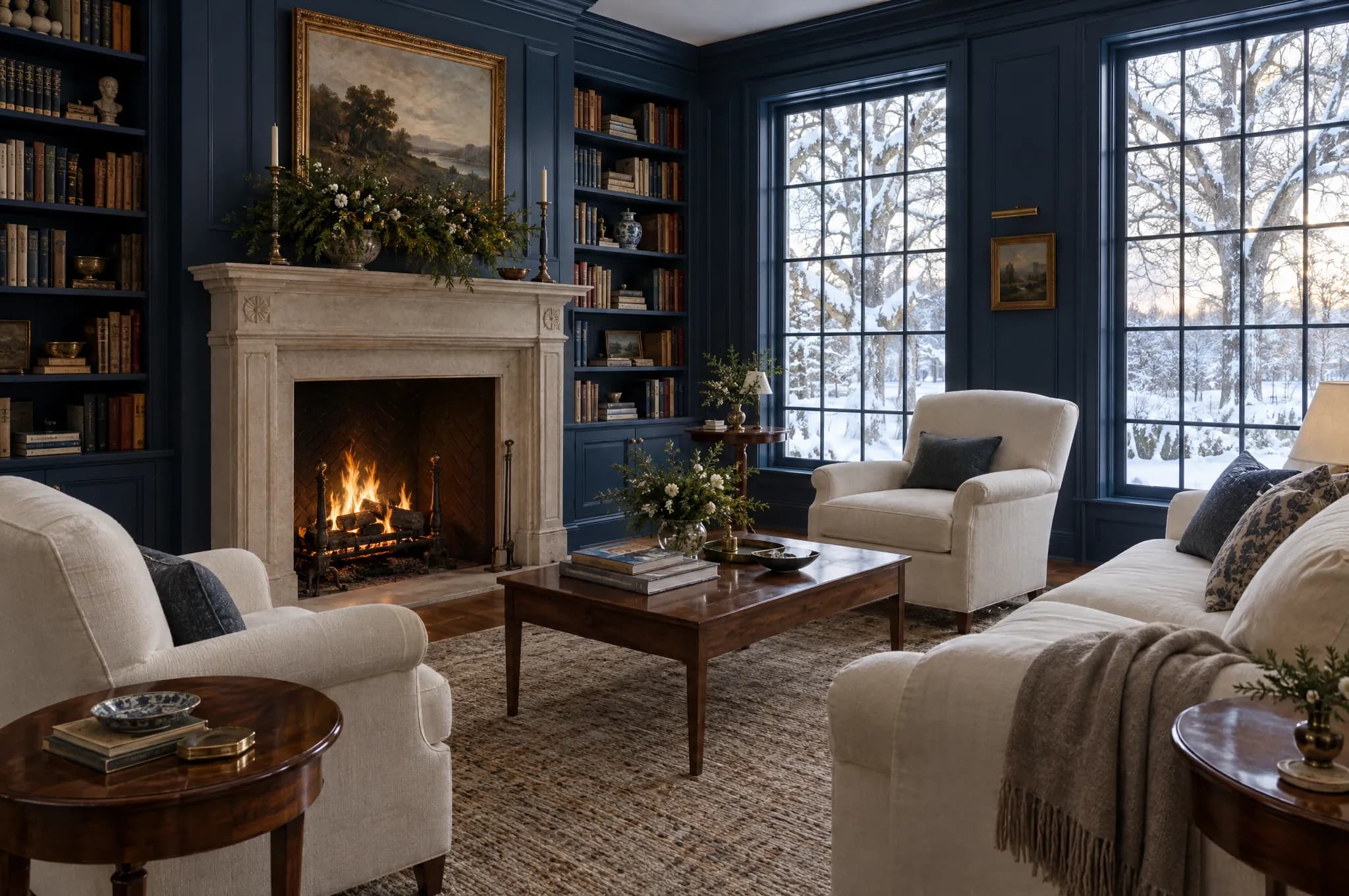 A navy-paneled library with a fire lit, ivory armchairs and snow-covered oaks outside the windows.