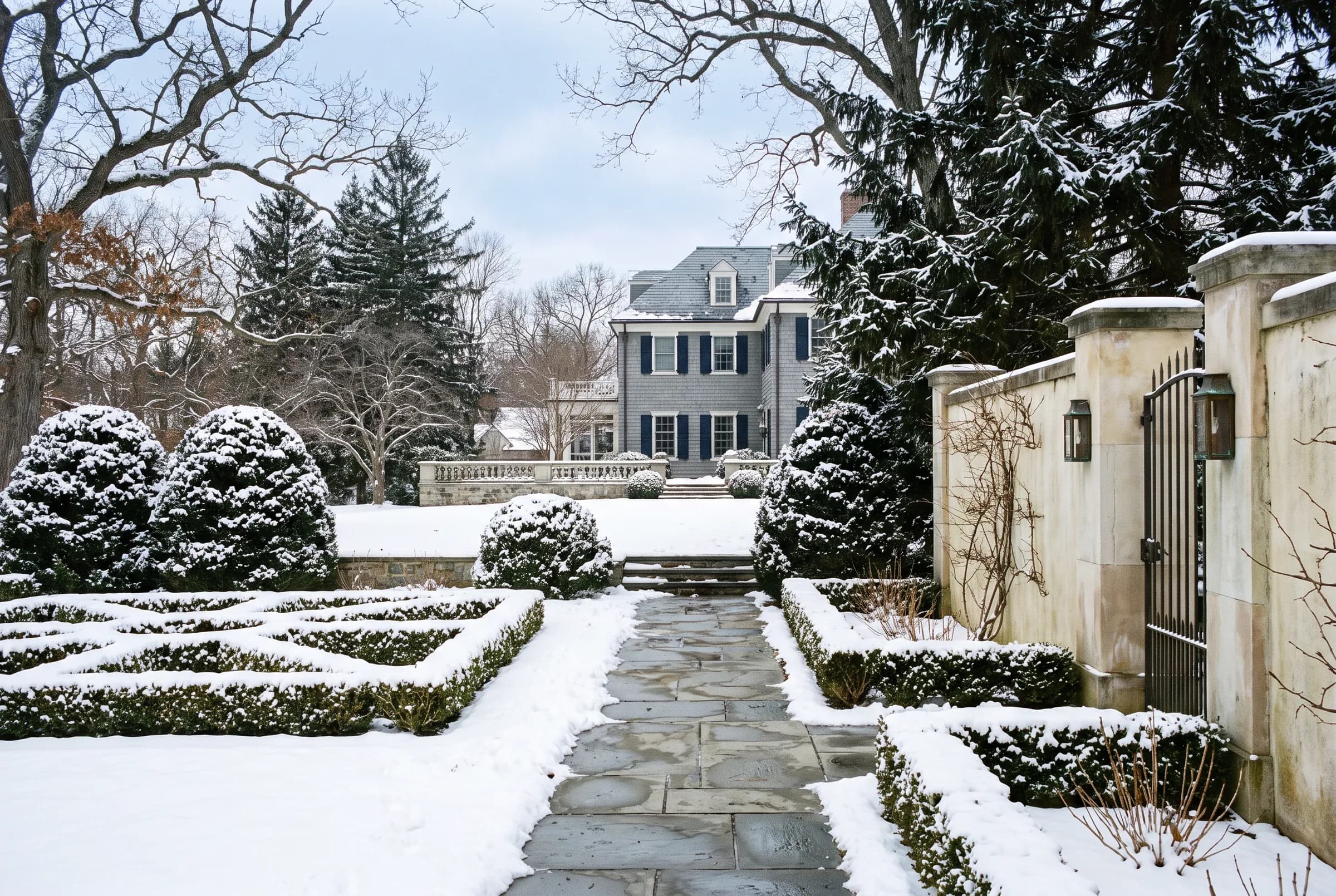 A cleared bluestone path through snow-covered boxwood parterres toward a stone garden wall and iron gate.