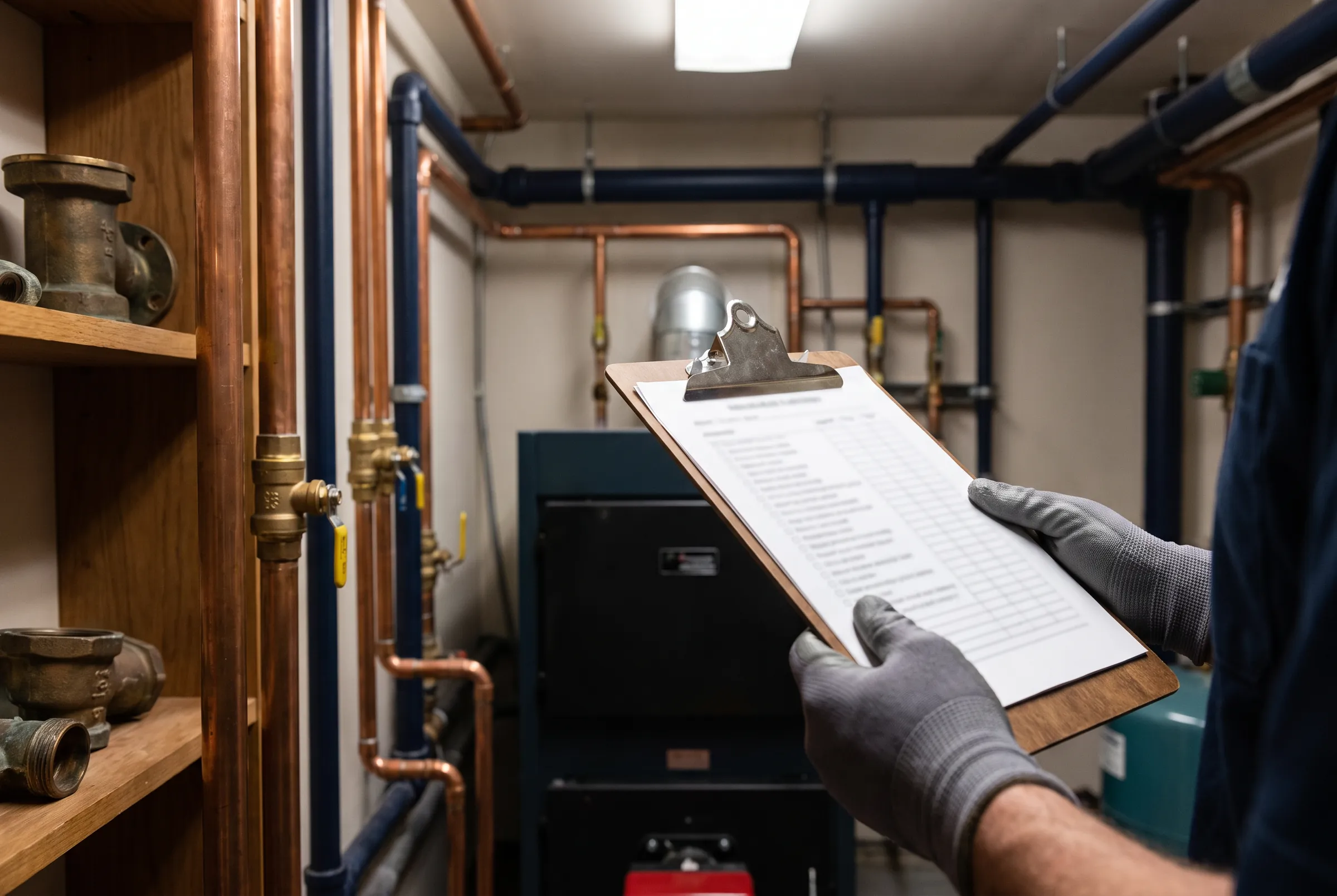 Gloved hands holding a service checklist in a clean mechanical room of copper and navy pipework.