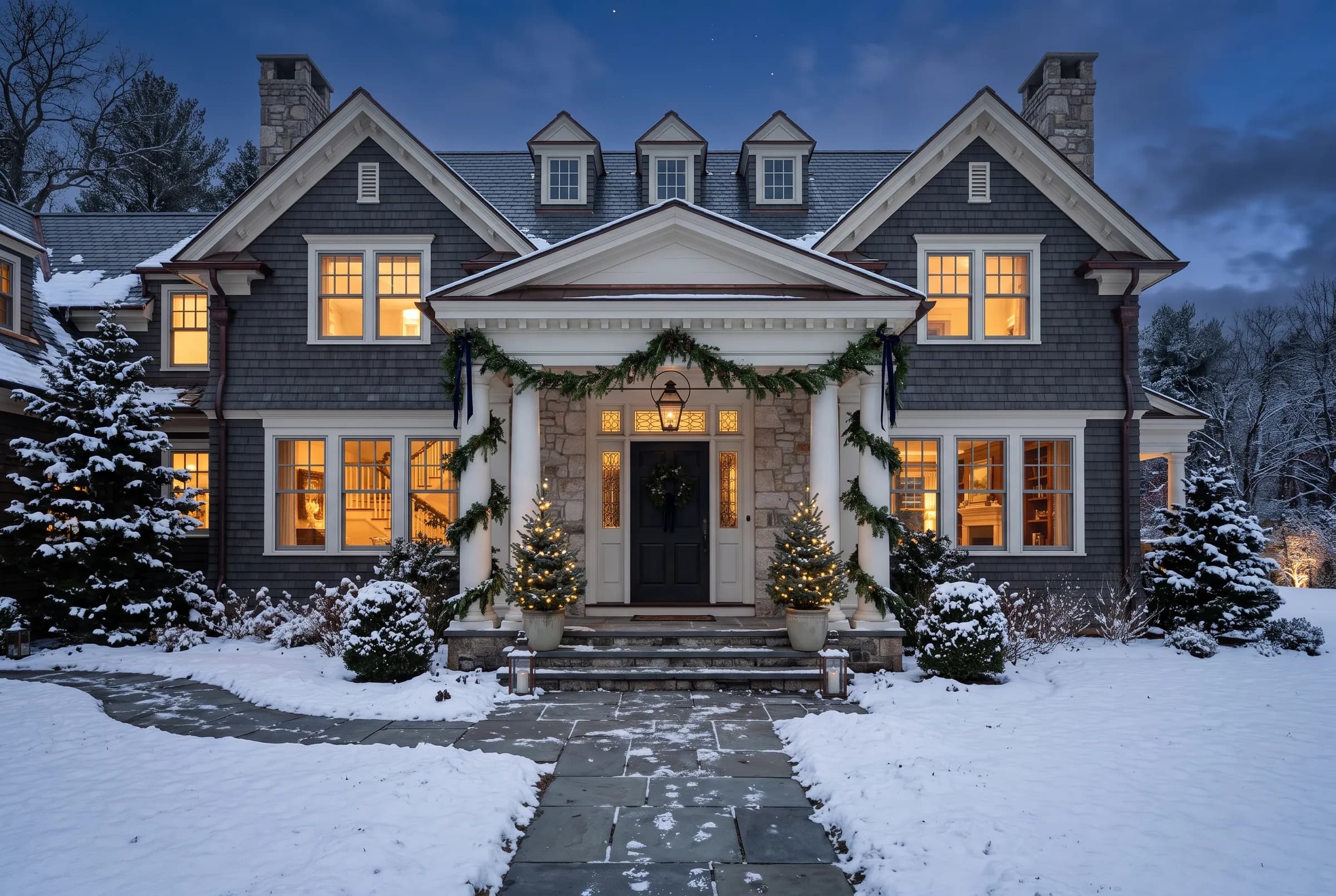 A shingle portico wrapped in evergreen garland with two lit potted spruces at the door at twilight.