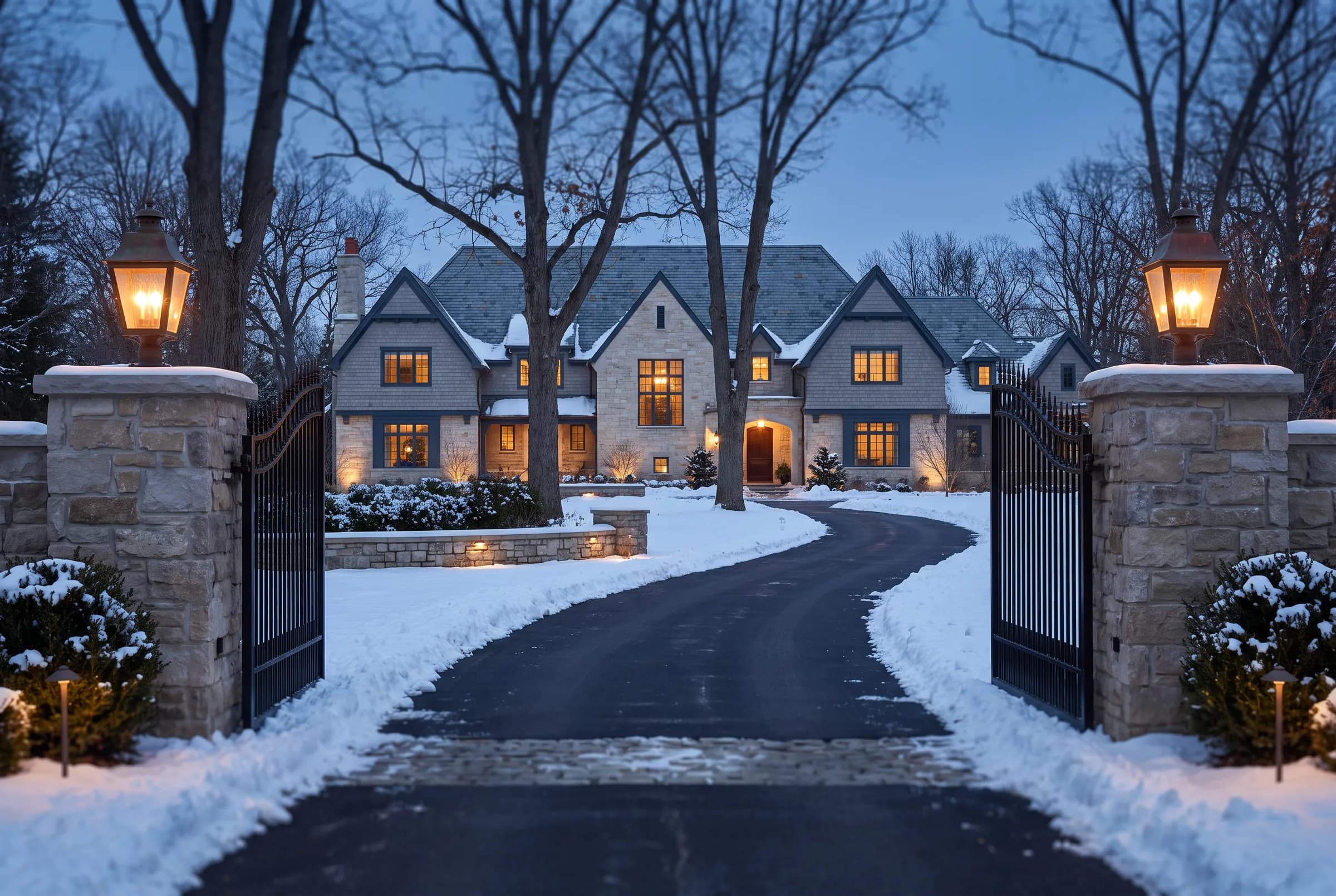 Stone gate pillars with lit lanterns and a long driveway plowed clean through the snow toward the house.
