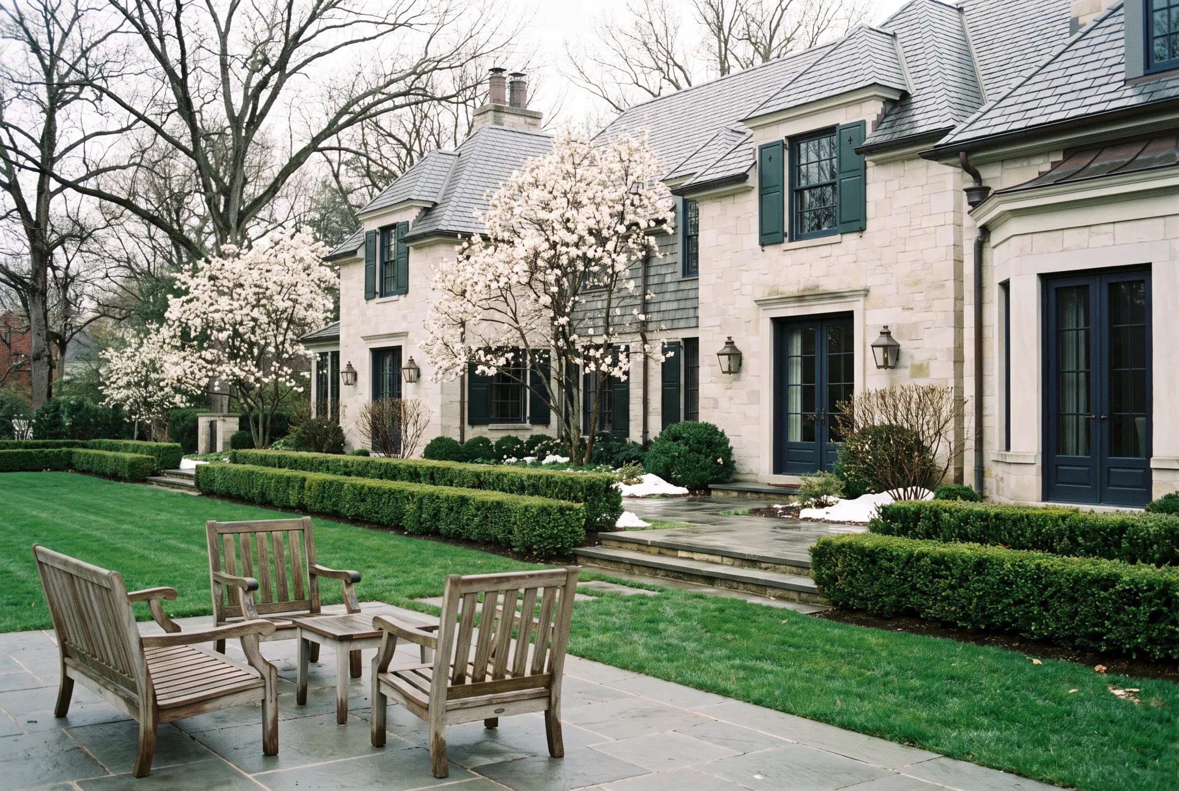 White magnolias in bloom beside a limestone house, teak chairs on the terrace and a restored lawn.