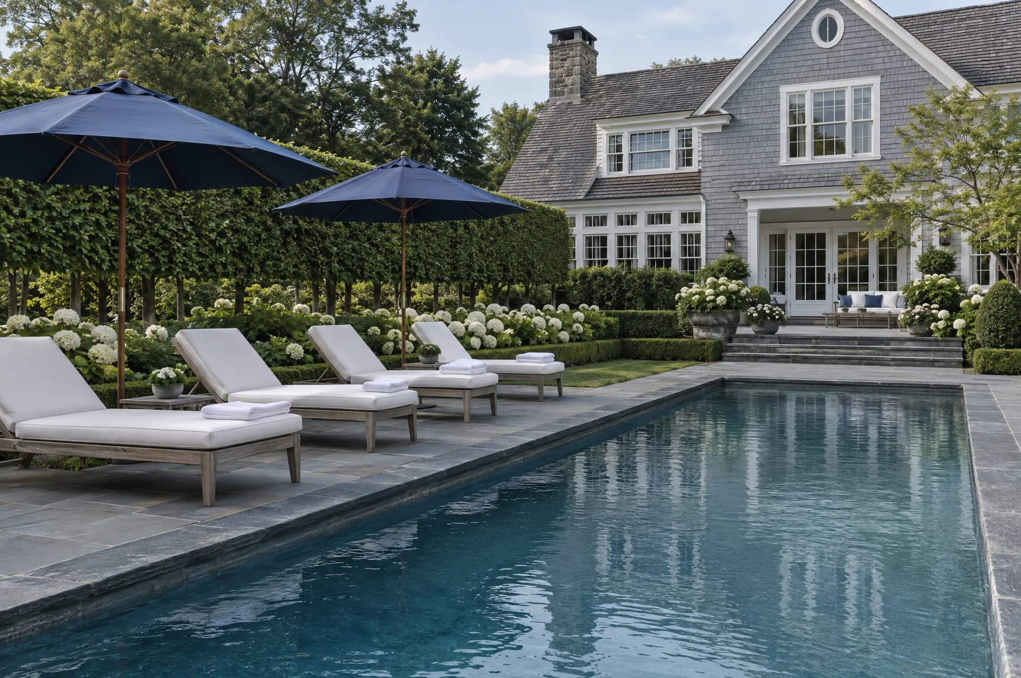 A long slate-blue pool with white chaise lounges, navy umbrellas and white hydrangeas before a shingle house.