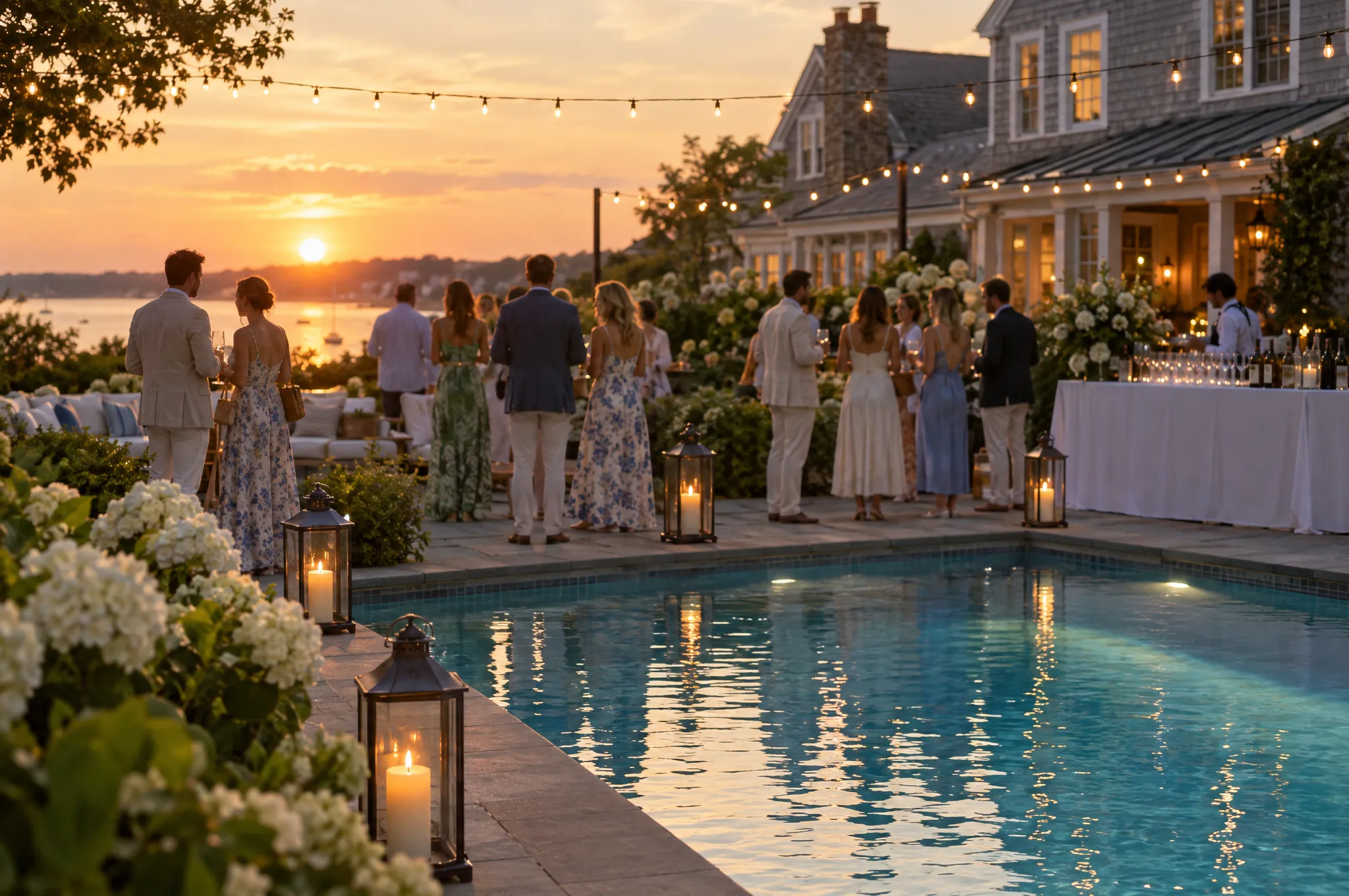 Guests in summer linen gathered on a pool terrace at golden hour, lanterns lit along the water.