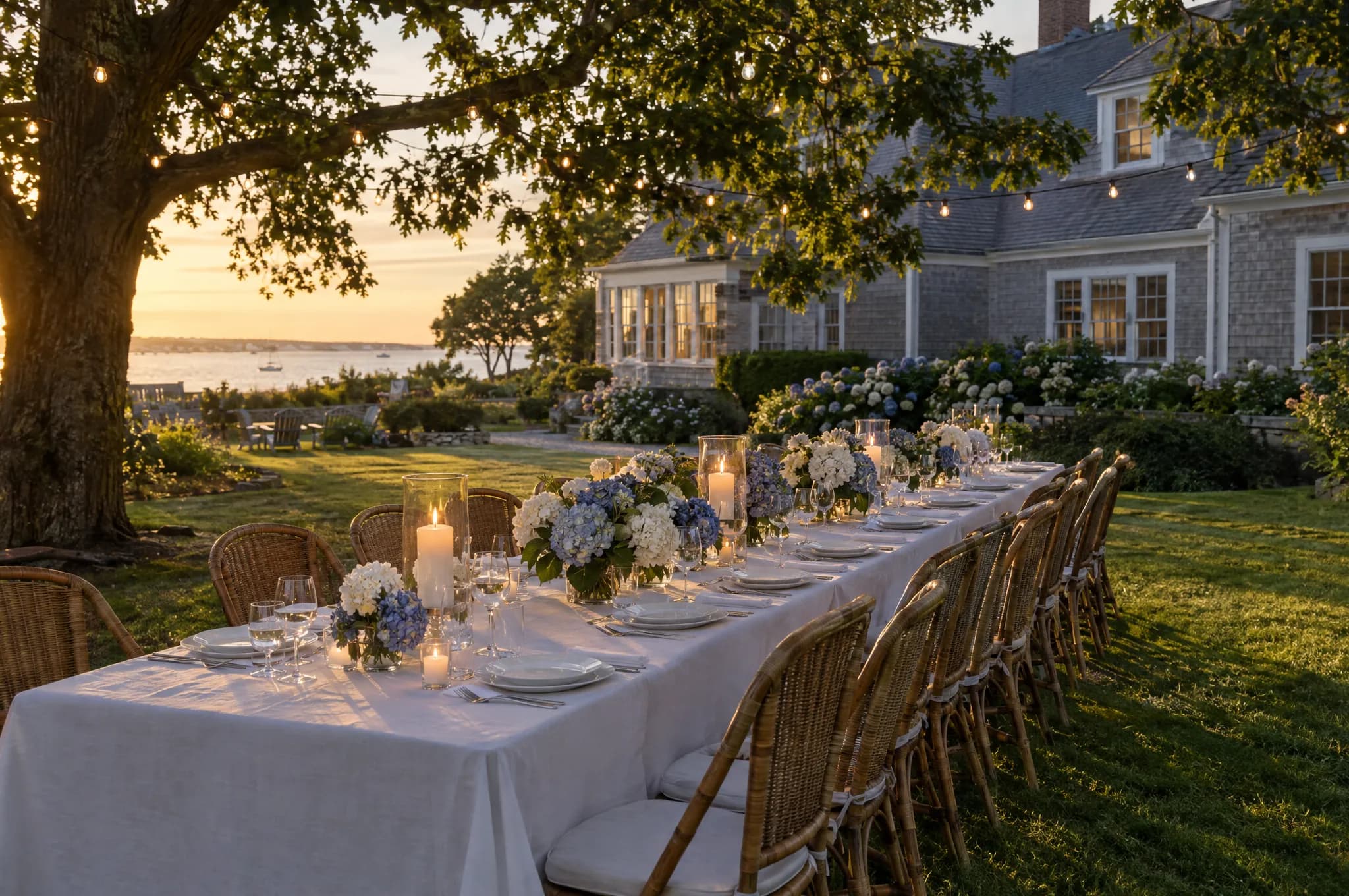 A long table set on the lawn at golden hour with white linen, hydrangeas and lit hurricane candles.