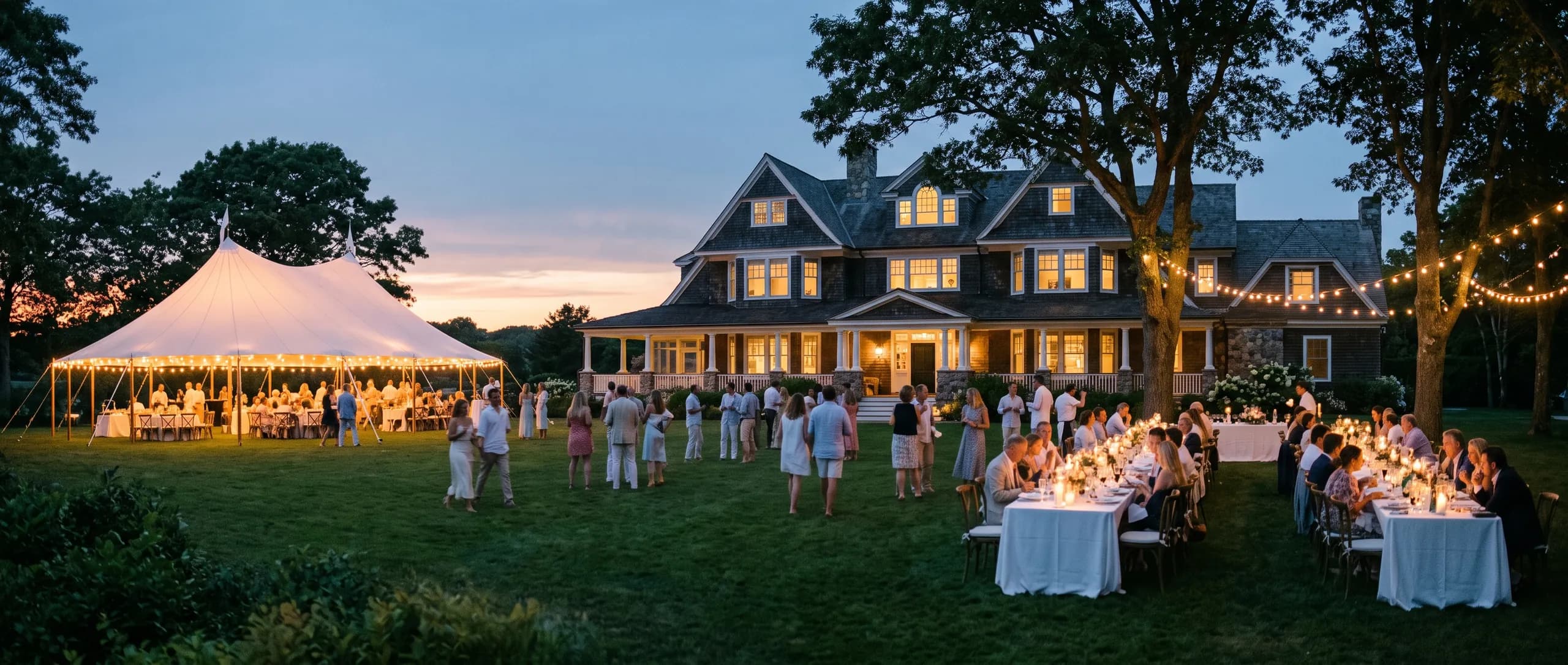 A white sailcloth tent glowing on an estate lawn at twilight, guests mingling beneath strings of lights in the oaks.
