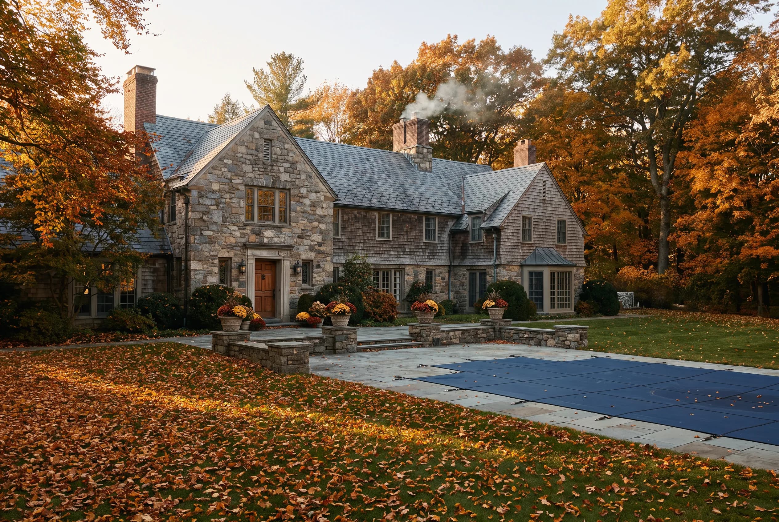 An estate in October with amber maples, fallen leaves on the lawn and the pool closed under a fitted navy cover.